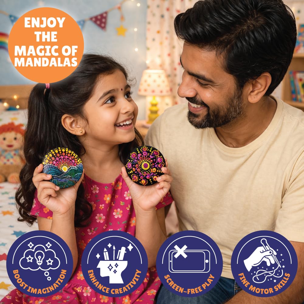 Kalakaram Dot Mandala Rock Painting Kit | DIY Art Kit with 5 Large Reusable River Rocks & 4 Dotting Tools | Traditional Indian Art Craft Kit | Creative Gift for Ages 11 to 16 | 2