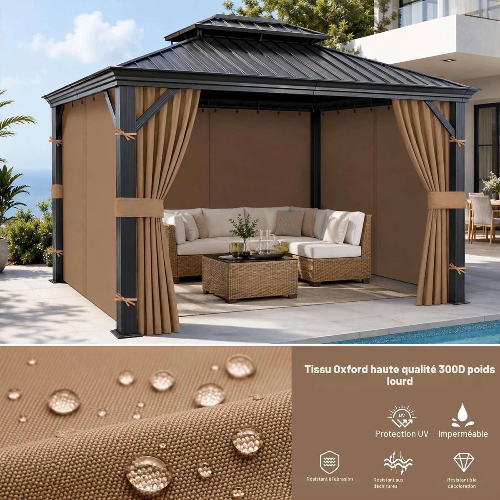 Rideaux Extérieurs de Rechange Imperméable pour Tonnelle 3 x 3 m, Toiles Latérales à 4 Panneaux Intérieur Extérieur Oxford 300D avec Fermeture Éclair, Crochets pour Pavillon, Pergola, Kaki