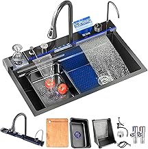 Fregadero Inteligente de Cocina con Pantalla Digital, Fregadero de Cocina de Acero Inoxidable Nano 304 con Cascada de Lluvia Volante, Grifo Extraíble, Lavavajillas Presurizado