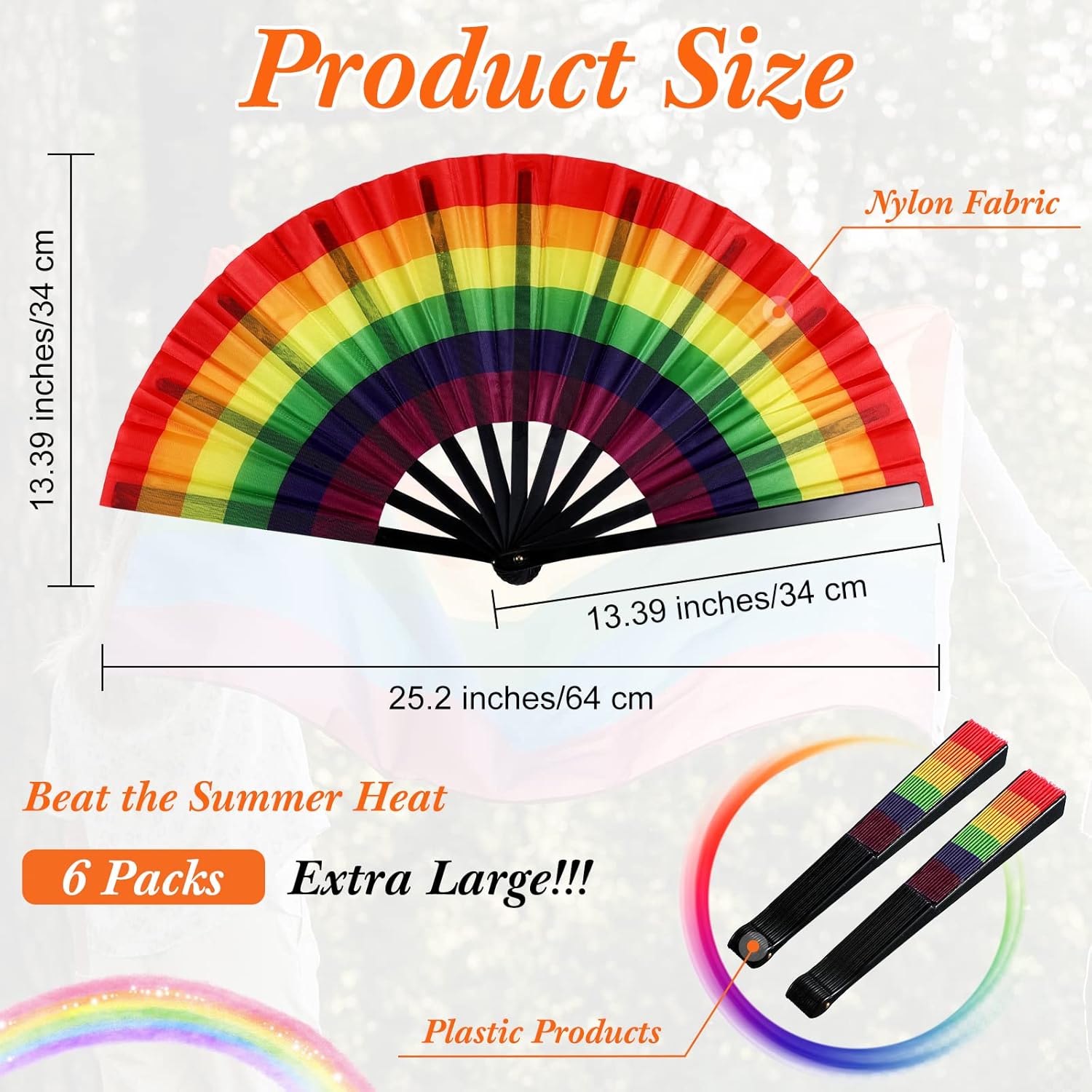 Geetery 6 Pcs Extra Large Rainbow Folding Hand Gay Fan LGBT Fans Festival Pride Rainbow Fans for Women Men Parade Dance Party,Music Festival,Dance Club Event Supplies(Black)