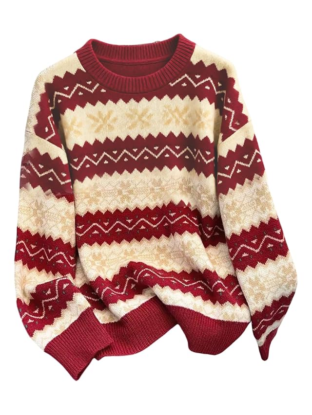 MakeMeChic Womens Christmas Sweater Striped Long Sleeve Knit Pullover Vintage Sweater
