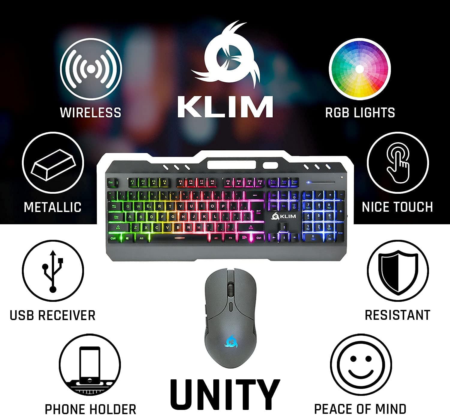 KLIM Unity Wireless Keyboard and Mouse Set US - New 2024 - Slim Durable Ergonomic Mechanical Feel - Backlit Wireless Gaming Keyboard and Mouse for PC Mac PS4 PS5 - Long-Lasting Built-in Battery
