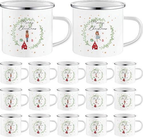Mifoci 16 tazas de café esmaltadas de Navidad a granel de 12 onzas, tazas de chocolate caliente de Navidad con borde plateado, taza de café de