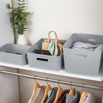 Sterilite 6-Pack Tall Basket, Woven Plastic Storage Baskets for Organization, Cement - Organizing Bin Containers with Handles for Bedroom, Bathroom, Dorm, and Closet