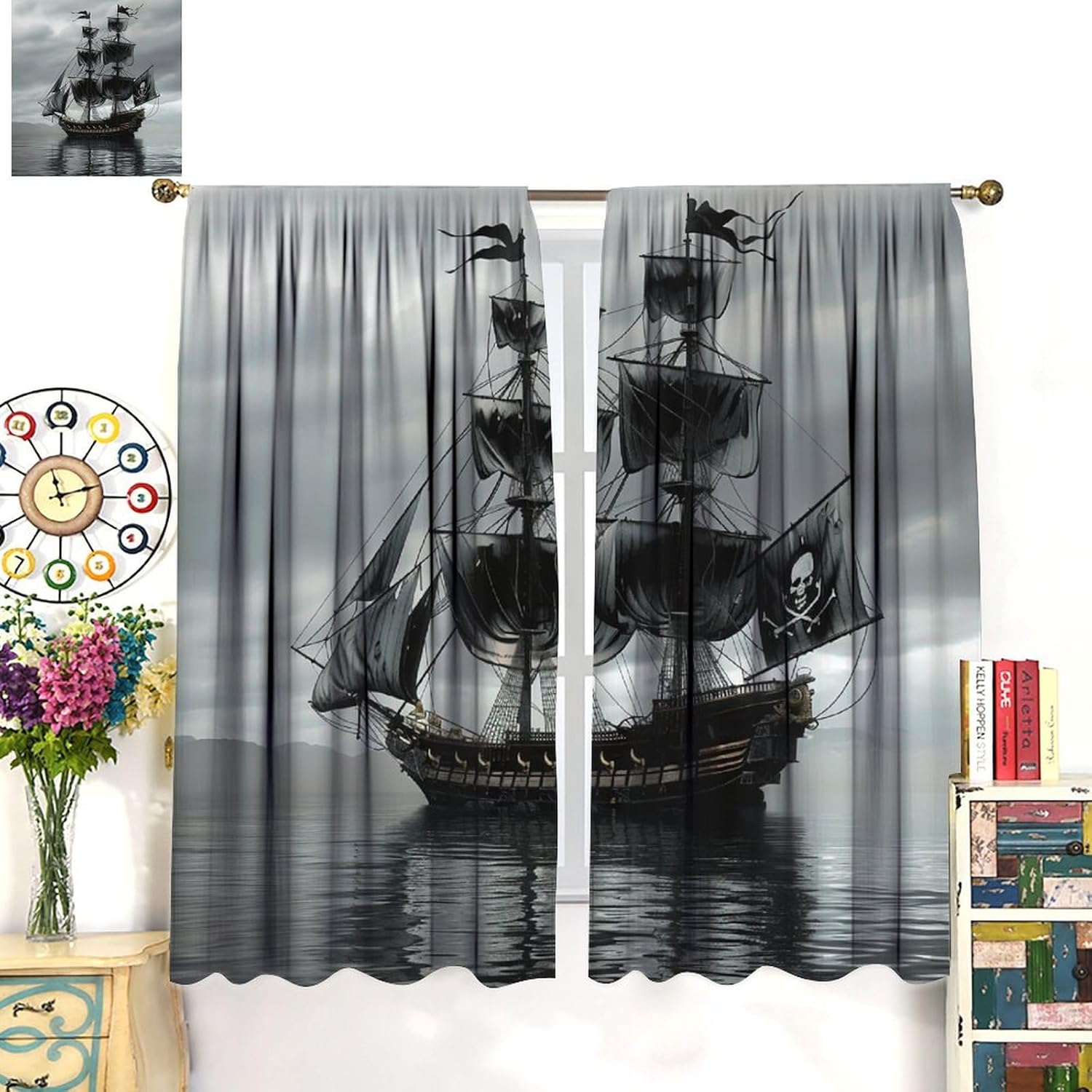 Pirate Ship Blackout Curtains, Nautical Sailboat Ocean Black Home Decor Rod Pocket Window Drapes for Living Room Bedroom- 2 Panels, Each 36" W x 63" L