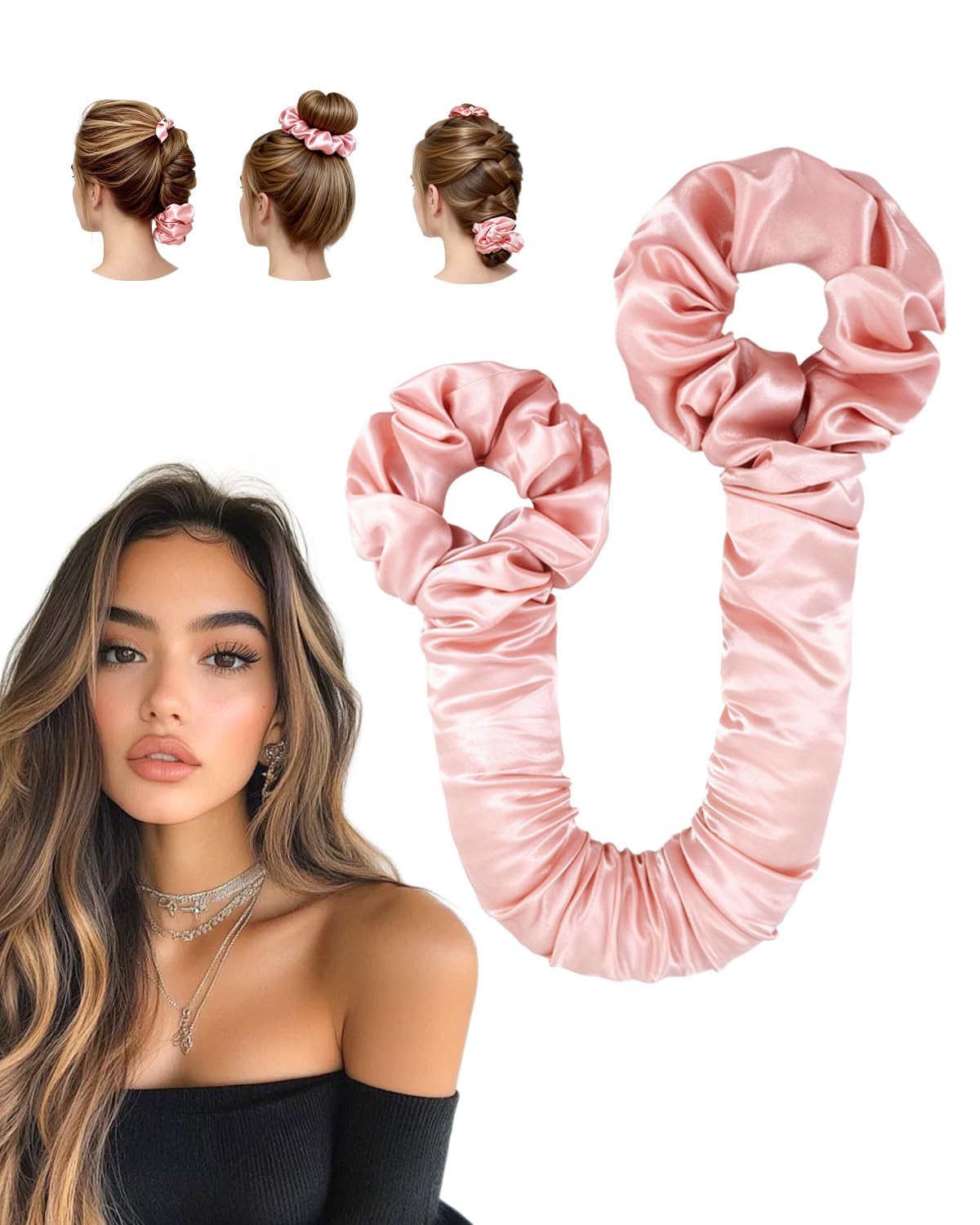 BONNET QUEEN Large Satin Heatless Hair Curler for Long Thick Hair, All-in-One Overnight Curling Rod, Heatless Curls Bun & Built-in Scrunchies, Day-to-Night Styling for Sleep, Travel & Gym, CreamPink