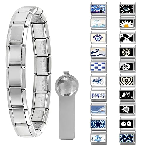 papasgix 11Pcs Italian Charms Set, 10mm*9mm Silvery Italian Charm Bracelet Link Black Patterns Stainless Steel DIY Jewelry Gifts - 22pcs-Waves