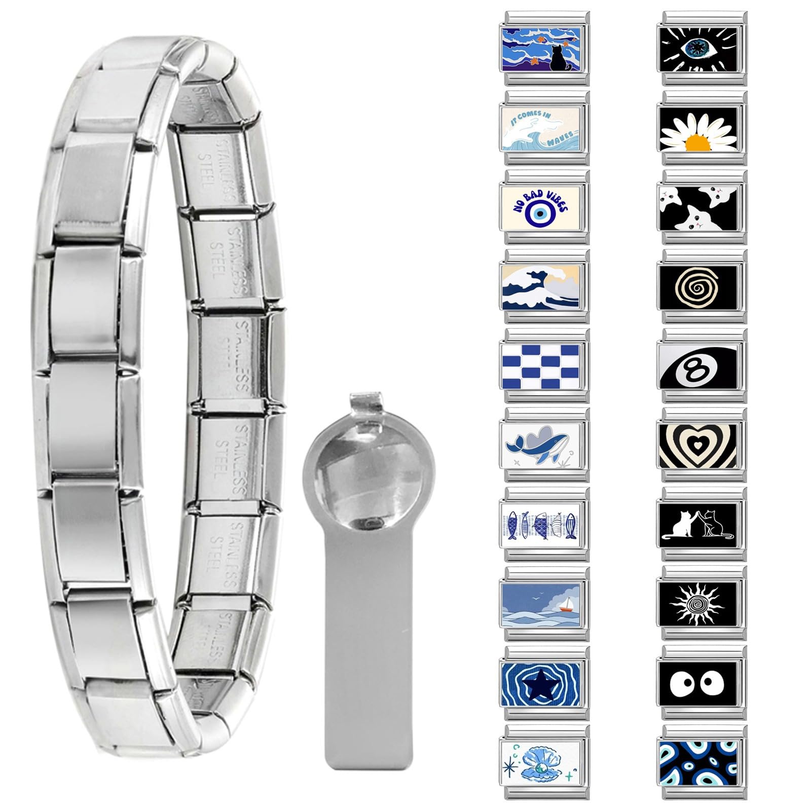 papasgix Conjunto de 11 peças de berloques italianos, 10 mm x 9 mm prata com berloques italianos de elos de elos pretos padrões de aço inoxidável DIY joias presentes