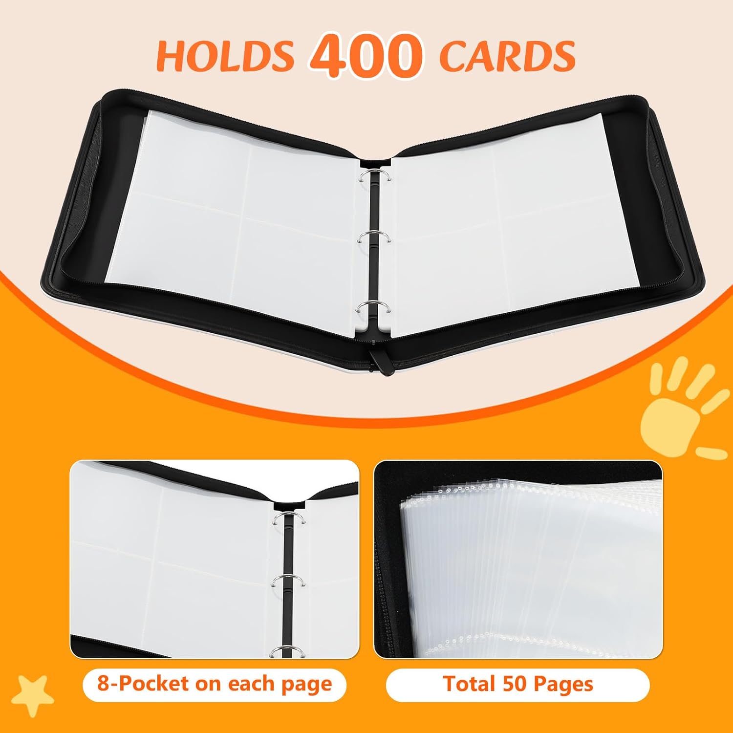 4 Pocket Trading Card Binder for Pokemon MTG Yu-Gi-Oh TCG, Fits 400 Cards With 50 Removable Double-Sided Pages, Portable Collection Card Album for Gift, Red White Black Tri-Color
