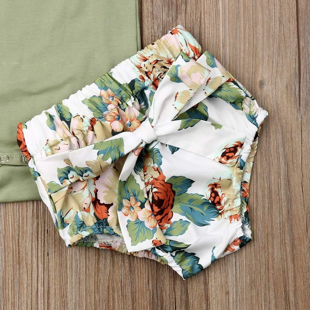 Multitrust Newborn Baby Girl Cotton Ruffled Short Sleeve Bodysuit Tops + Floral Shorts Baby Girl Clothes Set A2 Green 0-6 Months