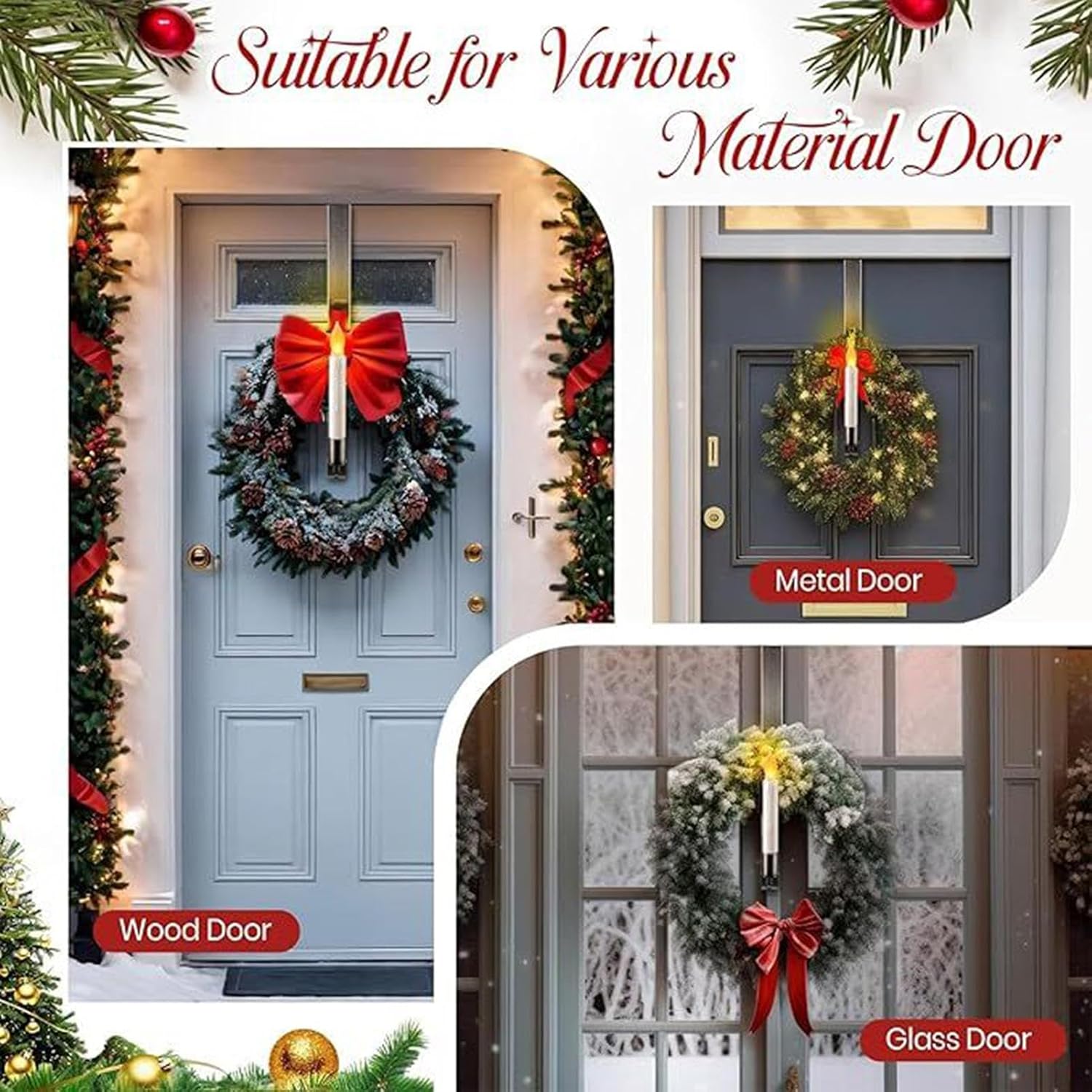 Wreath Hanger with LED Candlestick Holder, Black Metal Door Hanger for Christmas Garland, Adjustable Adhesive Hook for Front Door, 40cm 66cm Stainless Steel