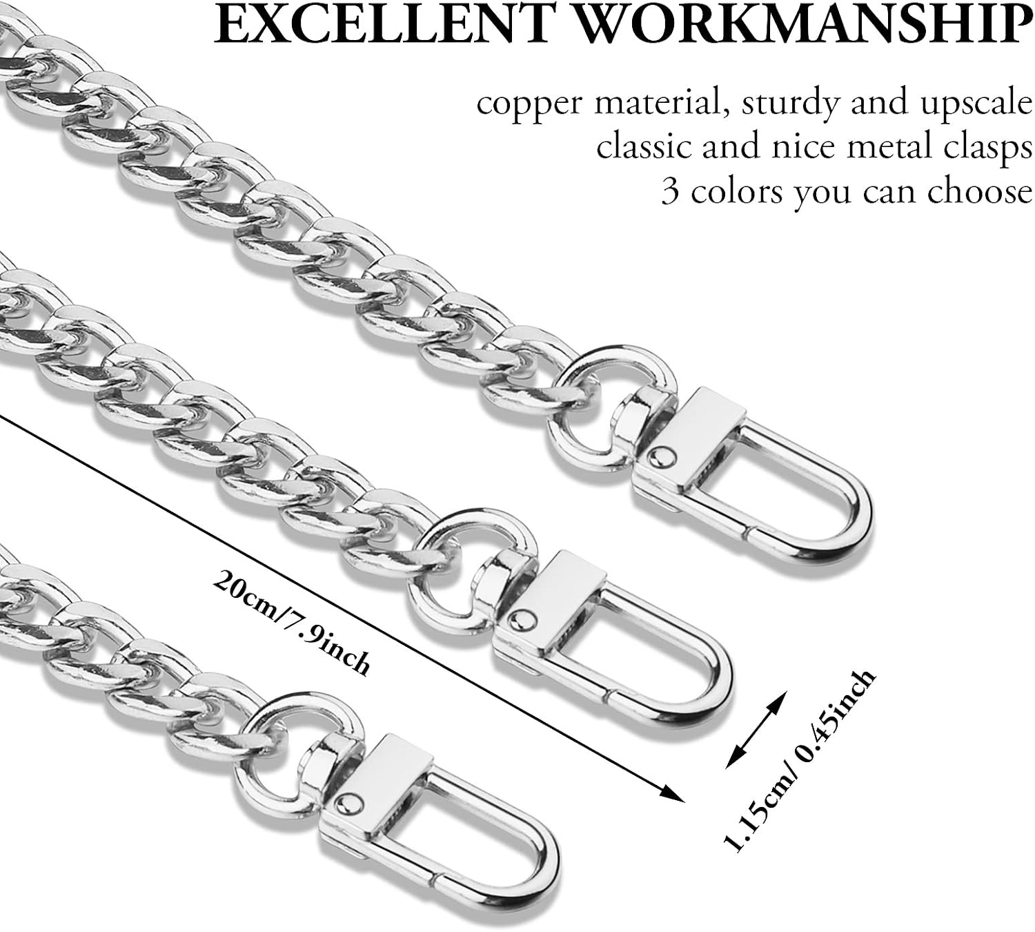 ASTER 3 Pieces Purse Chain Strap 7.9 Inch DIY Handbag Purse Strap Extender with Metal Buckles for Purse Handbags Wallet Clutch Shoulder Bag Replacement Strap (Silver-3pcs)