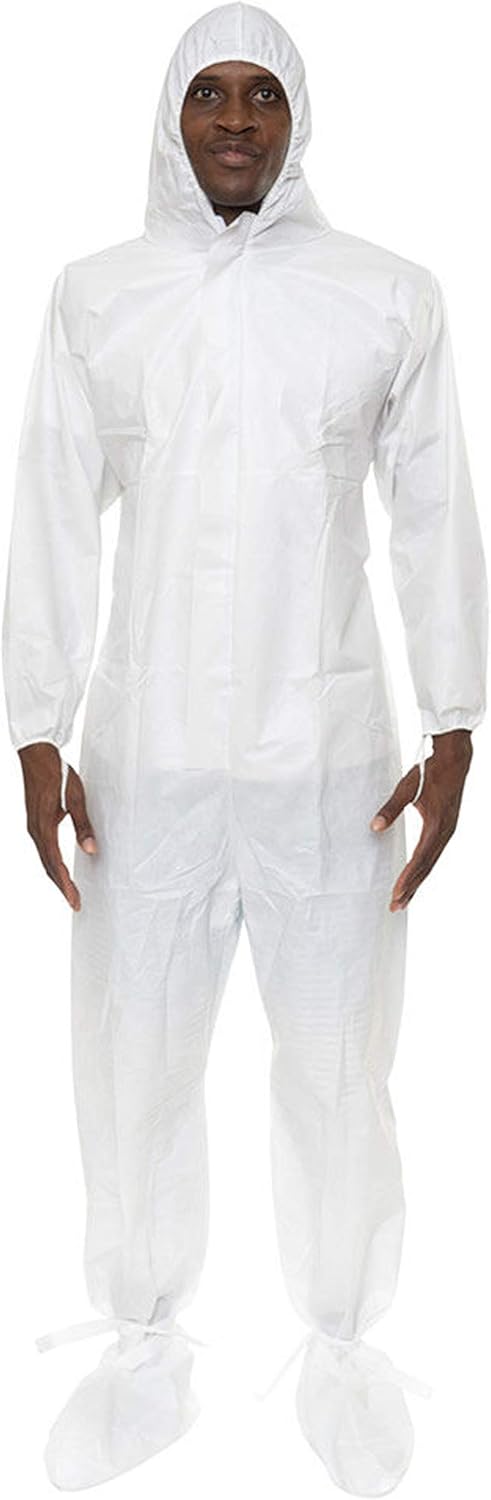 Sterile Coverall (White) with Tunnelized Elastic Wrists, Ankles, and Back. Thumb Loops. Serged Seams, Sterilized