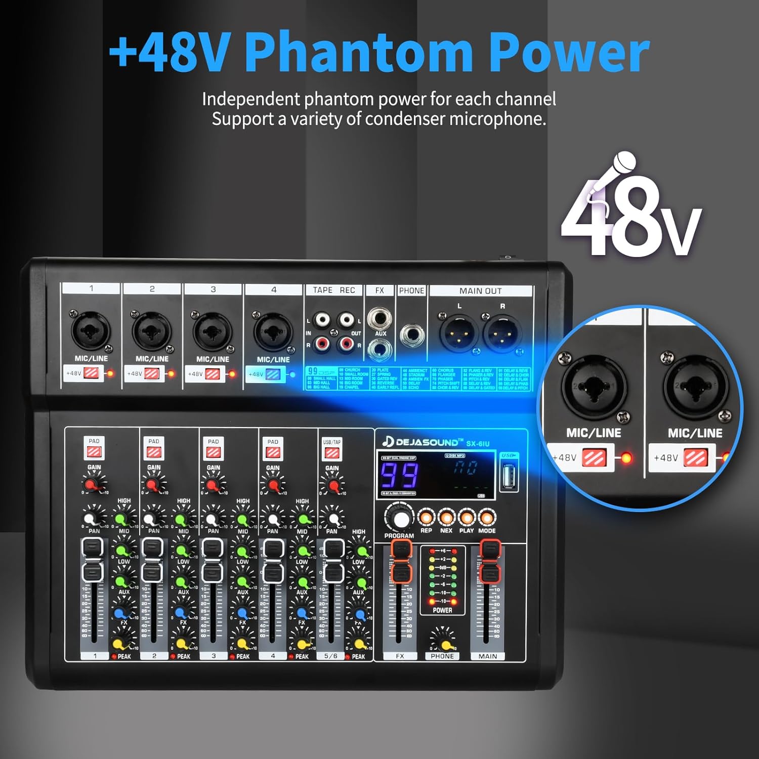 6-Channel Audio Mixer for PC, SX-6iu Mixing Console with XLR Inputs, Bluetooth, 99 Digital Signal Processor Effects, USB Interface, MP3 Compatible for Podcast, Music, Recording 9.84"x2.17"x12.6"inches