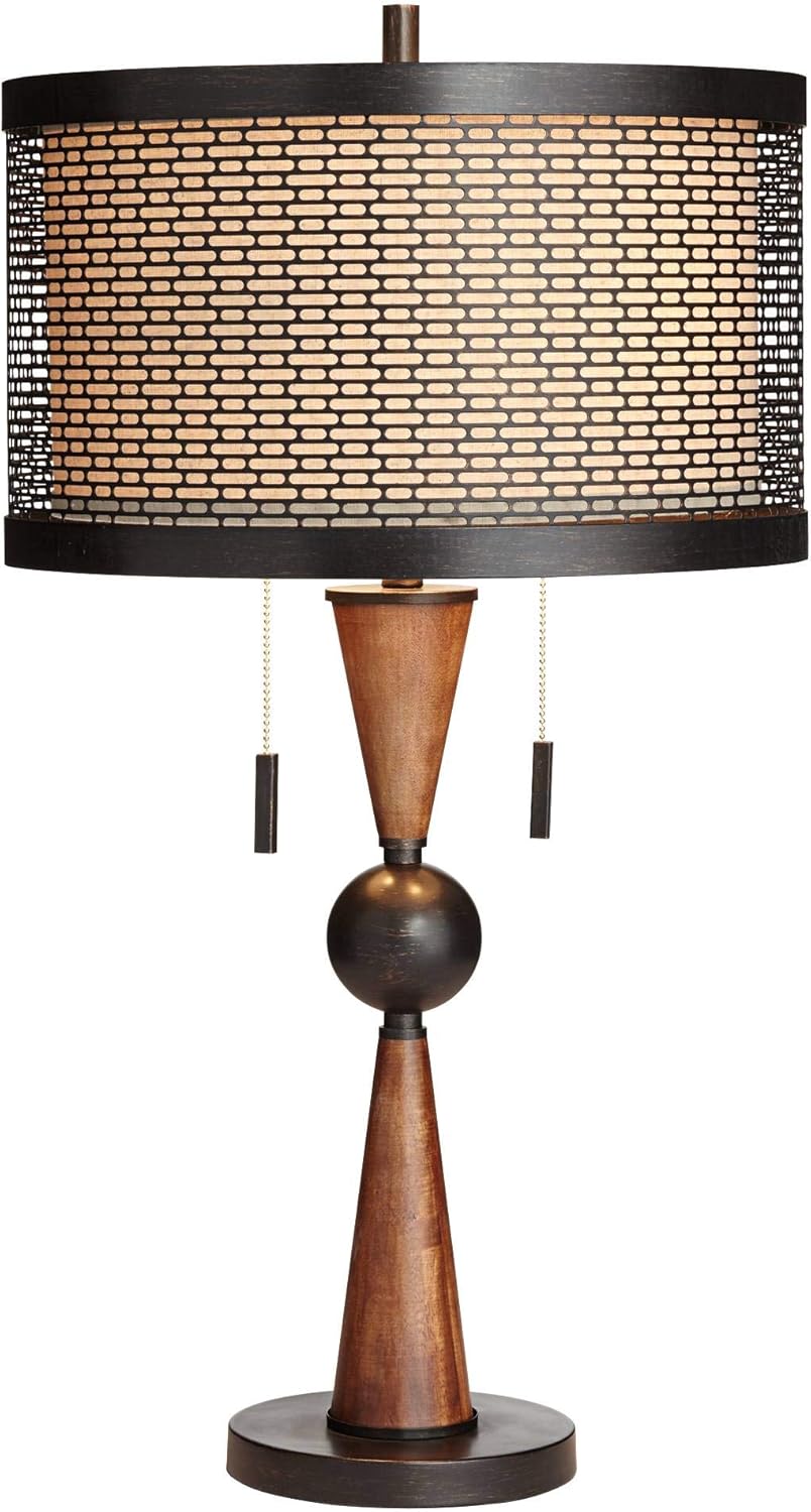 Franklin Iron Works Hunter Rustic Farmhouse 3-Way Table Lamp with Table Top Dimmer 29.75" Tall Bronze Cherry Wood Finish Double Drum Shade Decor for Living Room Bedroom House Bedside Nightstand Home