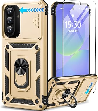 Taisairu for Samsung Galaxy A37 Case/A36 Case with Screen Protector & Slide Camera Lens Cover, Built-in Ring Stand Shockproof Protective Case for Samsung A37 5G Case/Samsung A36 5G Case Gold