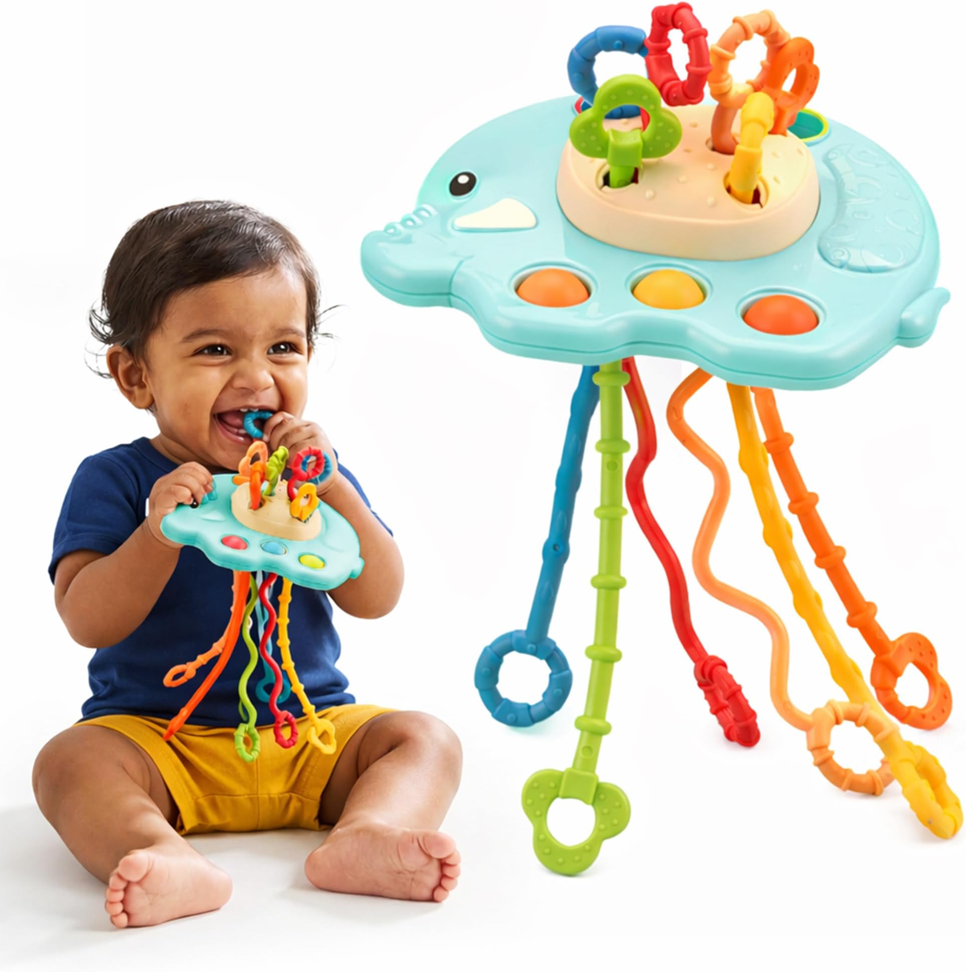 Pull String for Babies Teething Strings Sensory Montessori Toys Baby Girl,Travel Toy for 6+Months Boy Food Grade Silicone Fine Motor Skills Toy for Toddlers (Elephant Design 2)