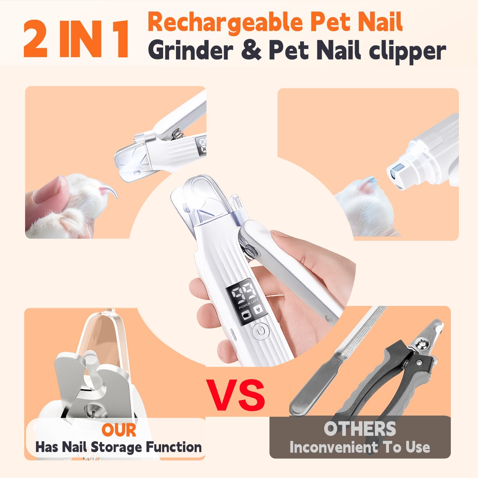 TMoMT Upgraded Dog Nail Grinder with 2 LED Lights - Super Quiet 2-Speed Electric Pet Nail Trimmer - Painless USB Rechargeable Dog Nail Clippers for Small Medium Large Dogs & Cats - image 3