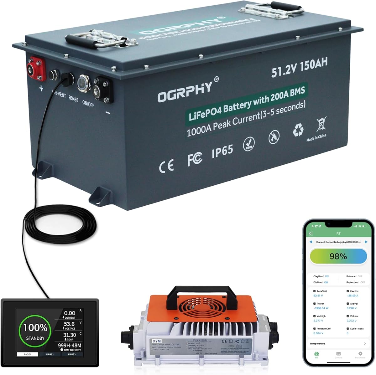 48V 150AH Lithium Golf Cart Battery with Charger, Built in 200A BMS with Touch Monitor & Mobile APP, 48V Lithium Battery with 1000A Peak Current, Max 10.24kW Output 70 Miles Range for Golf Cart