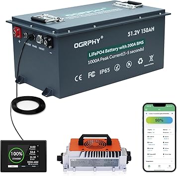 OGRPHY 48V 150AH Lithium Golf Cart Battery with Charger, Built in 200A BMS with Touch Monitor & Mobile APP, 48V Lithium Battery with 1000A Peak Current, Max 10.24kW Output 70 Miles Range for Golf Cart