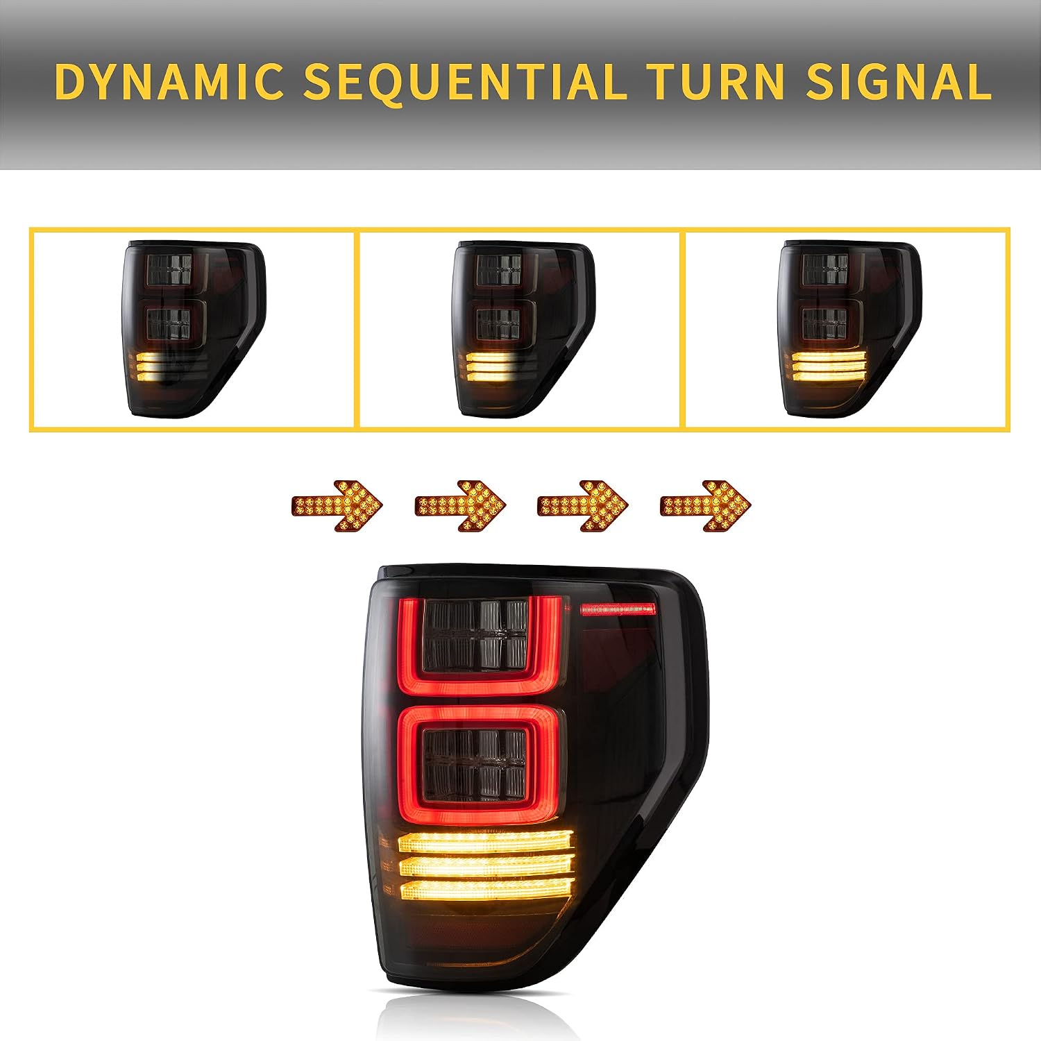 VLAND LED Smoked Tail Lights Compatible For [Ford F150 2009-2014] W/Amber Sequential Turn Singal/Running Lights/Brake lights/Side marker light and white reverse lights, Set (Not Fit Flareside)
