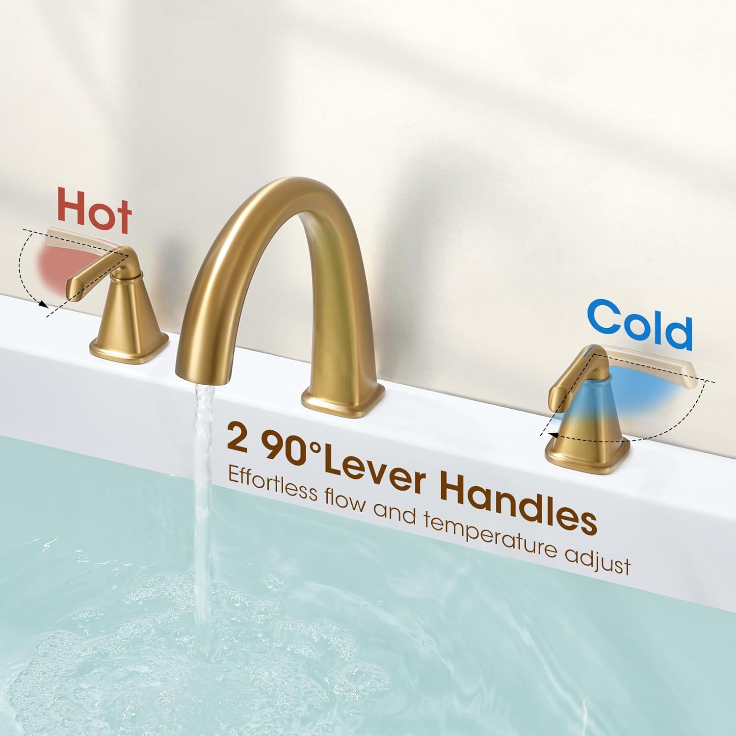 Brushed Gold Roman Tub Faucet, Solid Brass Bathtub Faucet Set with Valve, 2-Handle Widespread Deck Mount Bathtub Faucets 3 Hole, High Flow Bath Tub Faucet Set with Hot & Cold Supply Lines