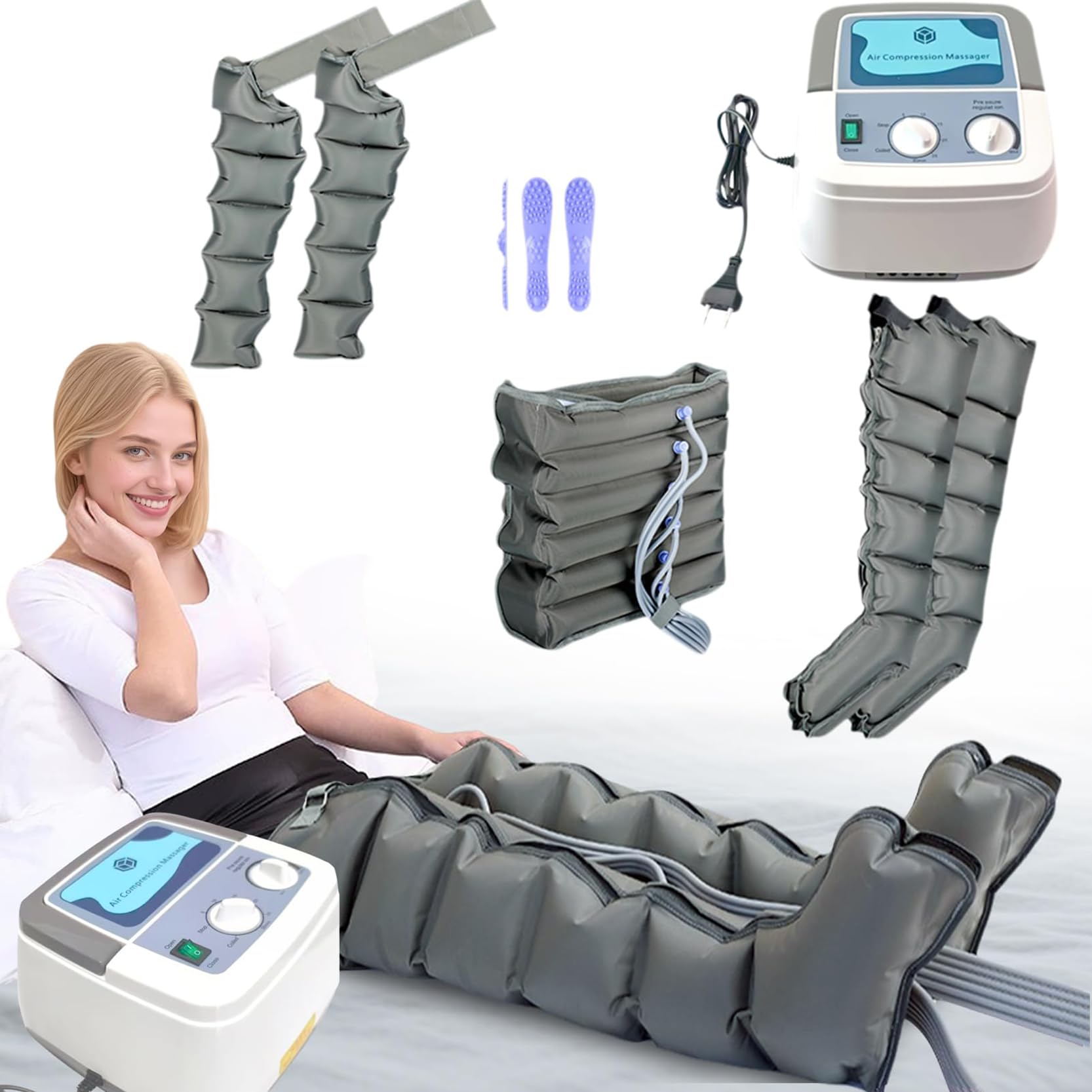 Massaggiatore Elettrico a Compressione ad Aria, Massaggiatore Pneumatico, 6 Camere d'Aria Pressoterapia Linfodrenaggio con Funzione di Cronometraggio, Grigio