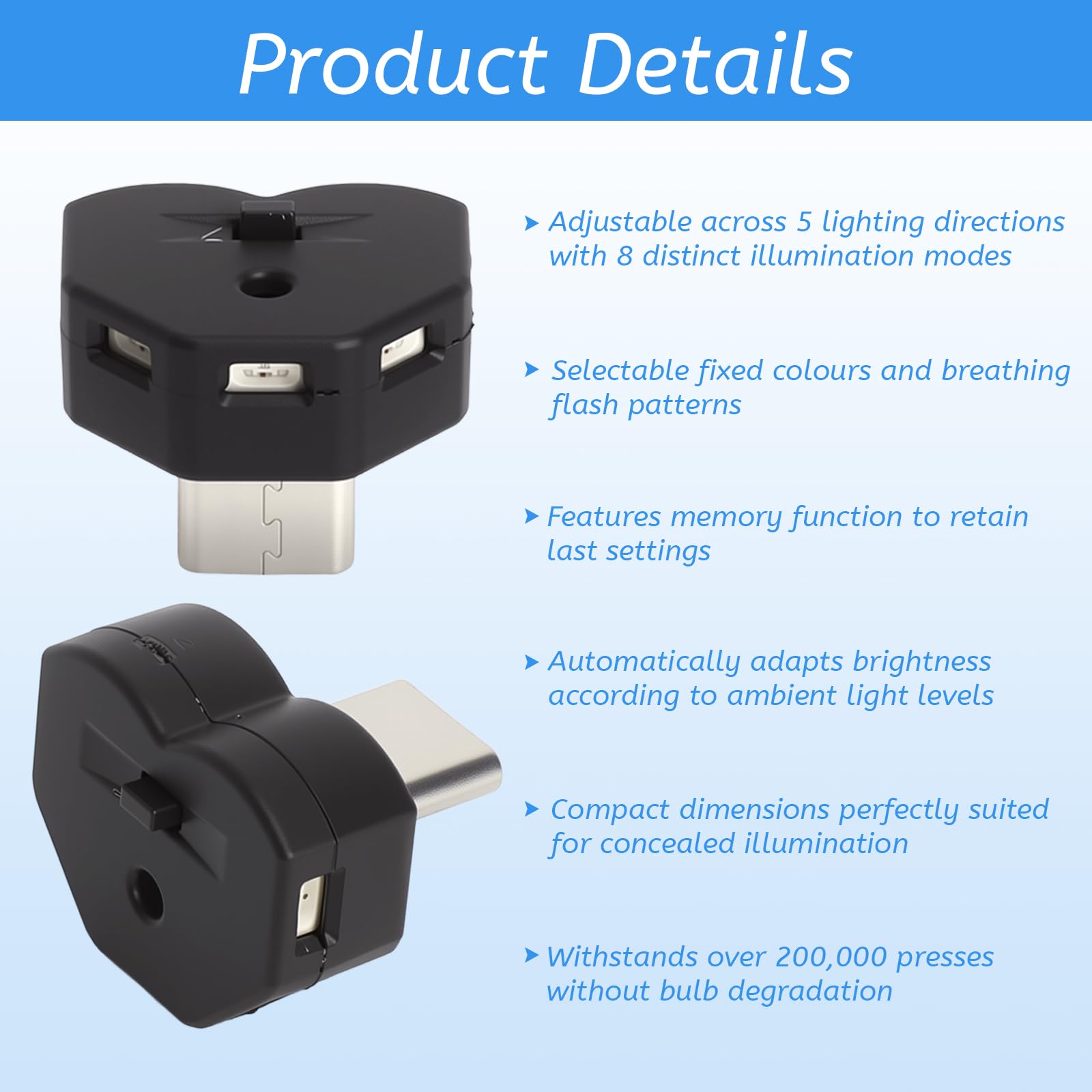 2 SZT. Światło typu C z 5-krotnie Regulowalnym Kierunkiem Światła Typu C USB Oświetlenie Atmosferyczne USB C LED Światło Do Samochodu z 8 Kolorami RGB i Trybem Stałym lub Automatycznym dla Samochodu