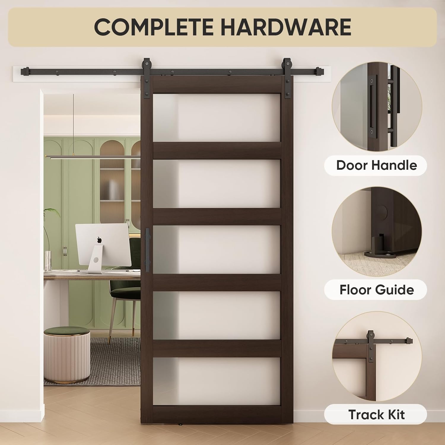 BARNSMITH 42in x 96in Glass Barn Door and 7FT Sliding Door Hardware Included, 5-Panel Frosted Glass Sliding Barn Door, Solid Wood Covered with Water-Proof PVC Surface, Easy Assembly, Brown