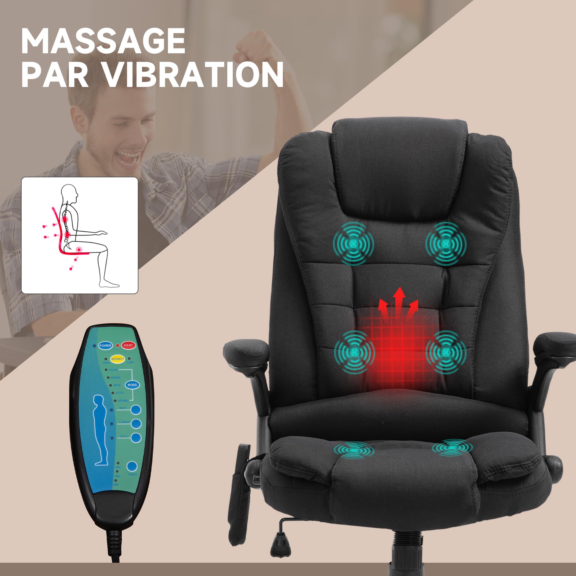 Vinsetto Fauteuil de Bureau massant et Chauffant, Chaise de Bureau, Chaise Ergonomique avec Hauteur réglable, Dossier inclinable et télécommande Filaire, pivotant à 360° Tissu en Polyester Noir