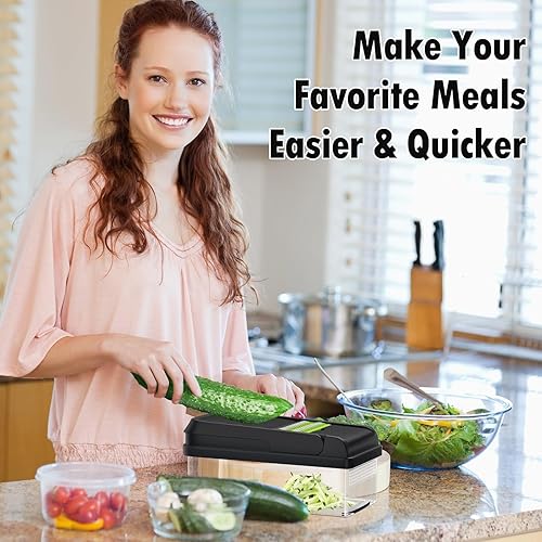 Miniatura 7 de Picador de verduras 12 en 1, utensilios de cocina con 7 cuchillas, verduras, alimentos, picador de cebolla, rebanador de pepino, mandolina versátil,
