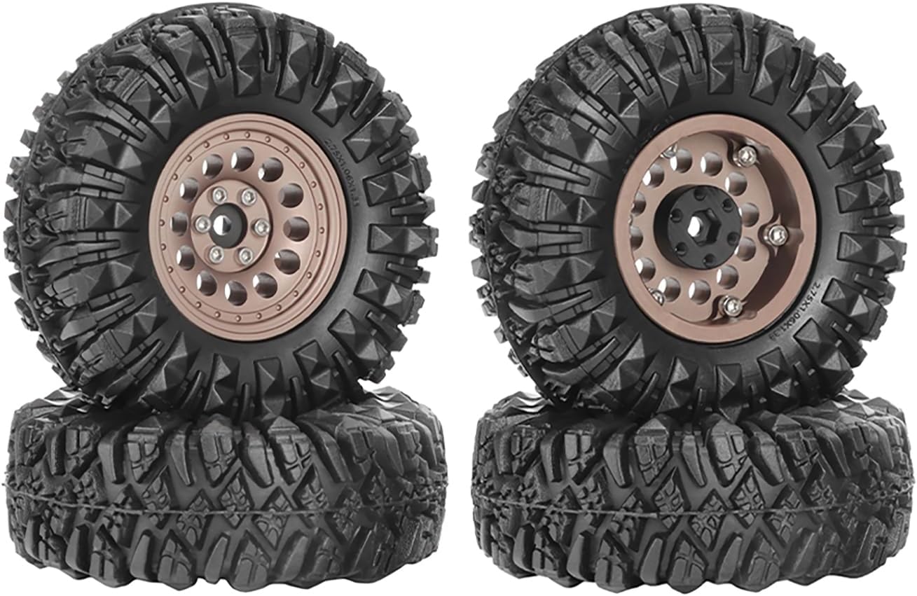 4PCS 1.3" Aluminum Alloy Beadlock Wheel Rims All-Terrain Tyre 70mm Rubber Tires Set with 5mm & 7mm Hex for 1/12 1/14 1/18 1/24 RC Rock Crawler Car Upgrade Parts (B-Brown)
