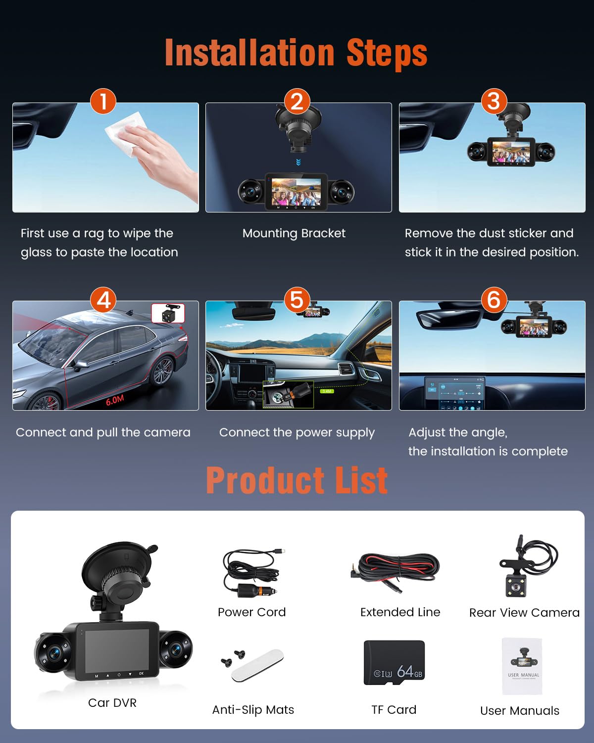 Hikity 360°Dash CAM Coche con Tarjeta SD 64G,4 Cámaras Pantalla IPS de 3 Pulgadas Cámara para Coche,Dashcam Coche 1080P,Sensor G, Visión Nocturna,Ayuda Inversa,Grabación en Bucle