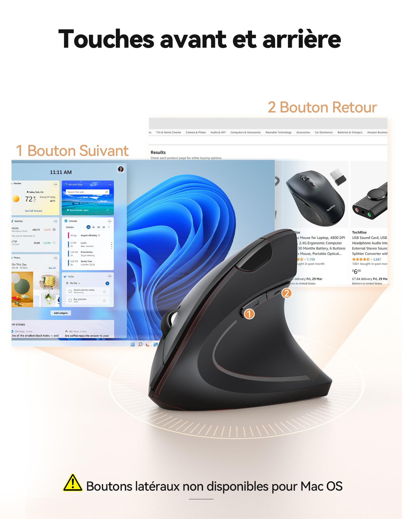 TechRise Souris Ergonomique sans Fil 2.4G, Silencieuse Souris Verticale sans Fil pour Droitier 4800 DPI, Récepteur USB et 6 Boutons, Souris sans Fil pour PC, Ordinateur Portable, Mac, Noir