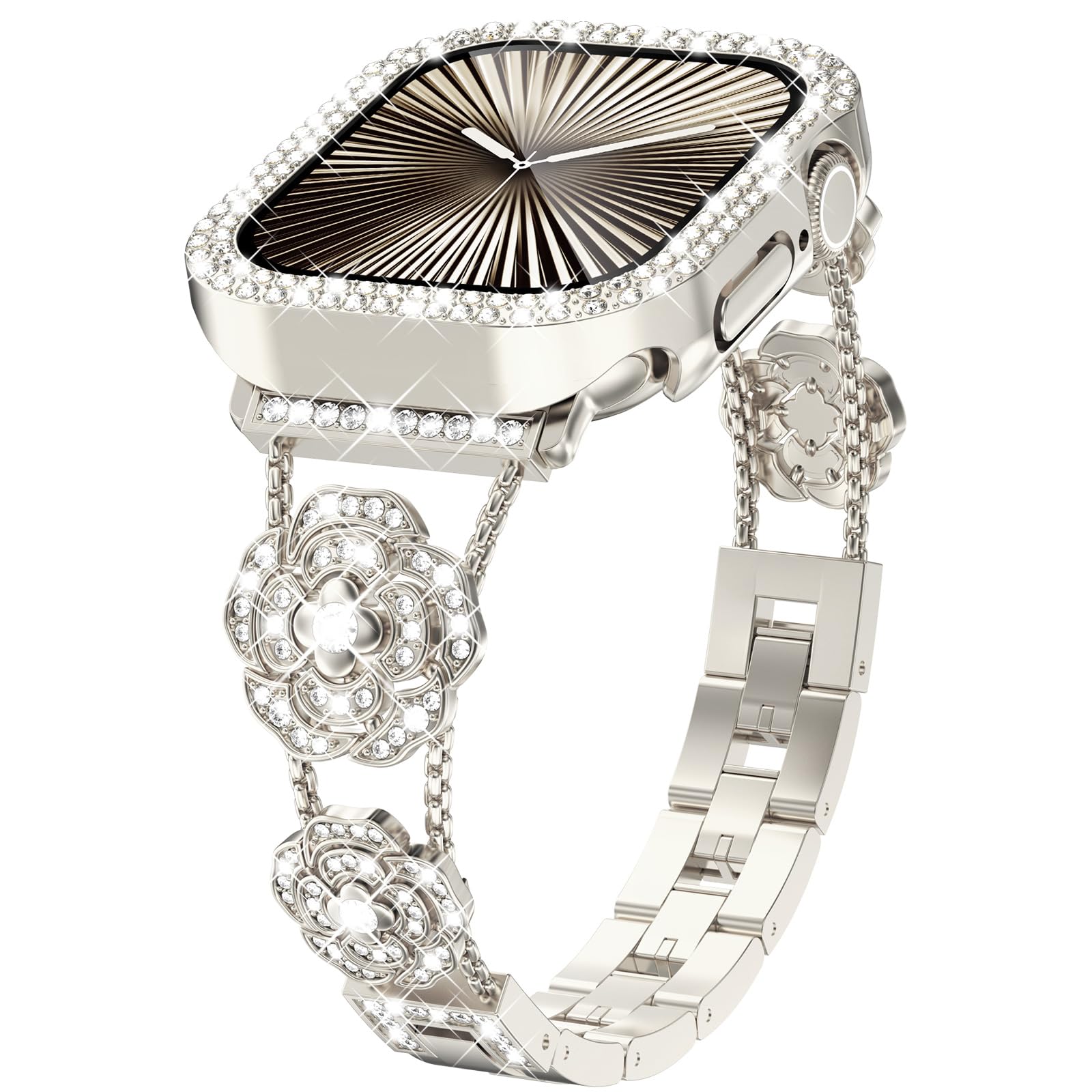 KADES Compatible with Apple Watch Band 46mm 45mm 44mm 42mm 41mm 40mm 38mm for Women – Camellia Diamond Band with Bling Protective Case, Floral