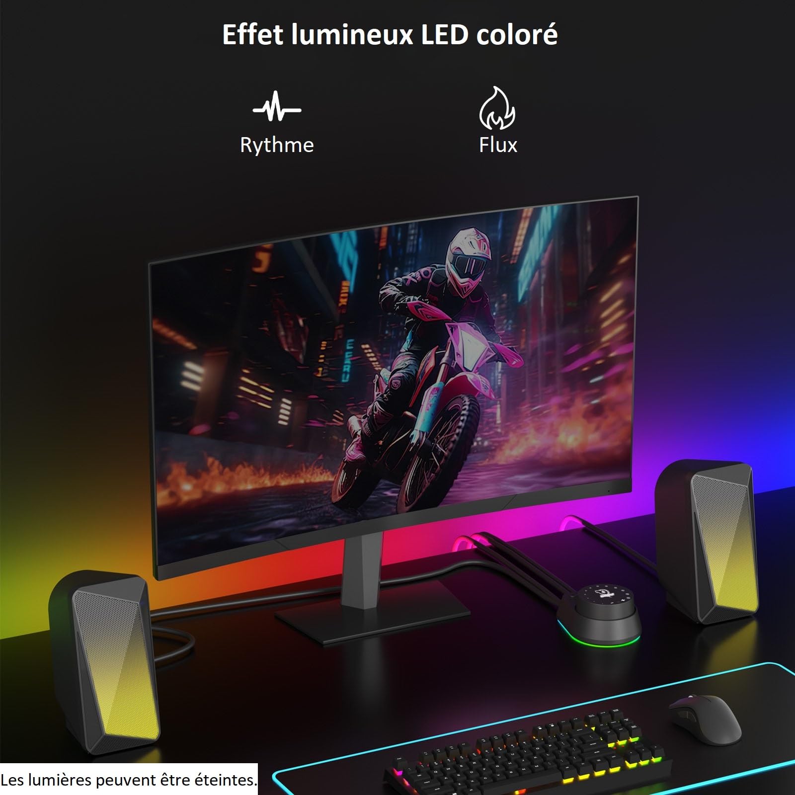 SOULION C30 Enceintes PC Bluetooth pour Bureau, Écran, Portable, Gamer | Haut Parleur Stéréo 2.0, Bluetooth 5.1, Entrée Auxiliaire 3,5 mm, Alimentation USB, éclairage LED Coloré, 1 paire