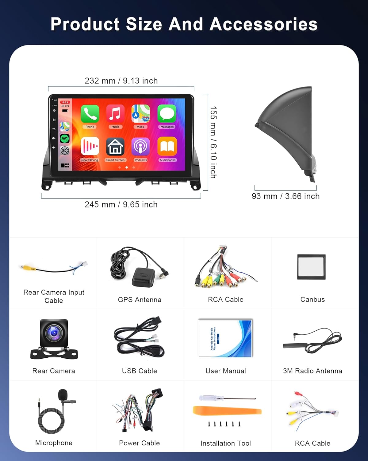 8 Core 6G+128G Android Car Radio for Mercedes Benz C-Class W204 S204 C180/C200/C230/C250/C300/C350 2006-2011, 9" IPS Touchscreen, Wireless CarPlay Android Auto, Backup Camera, Bluetooth GPS WiFi FM