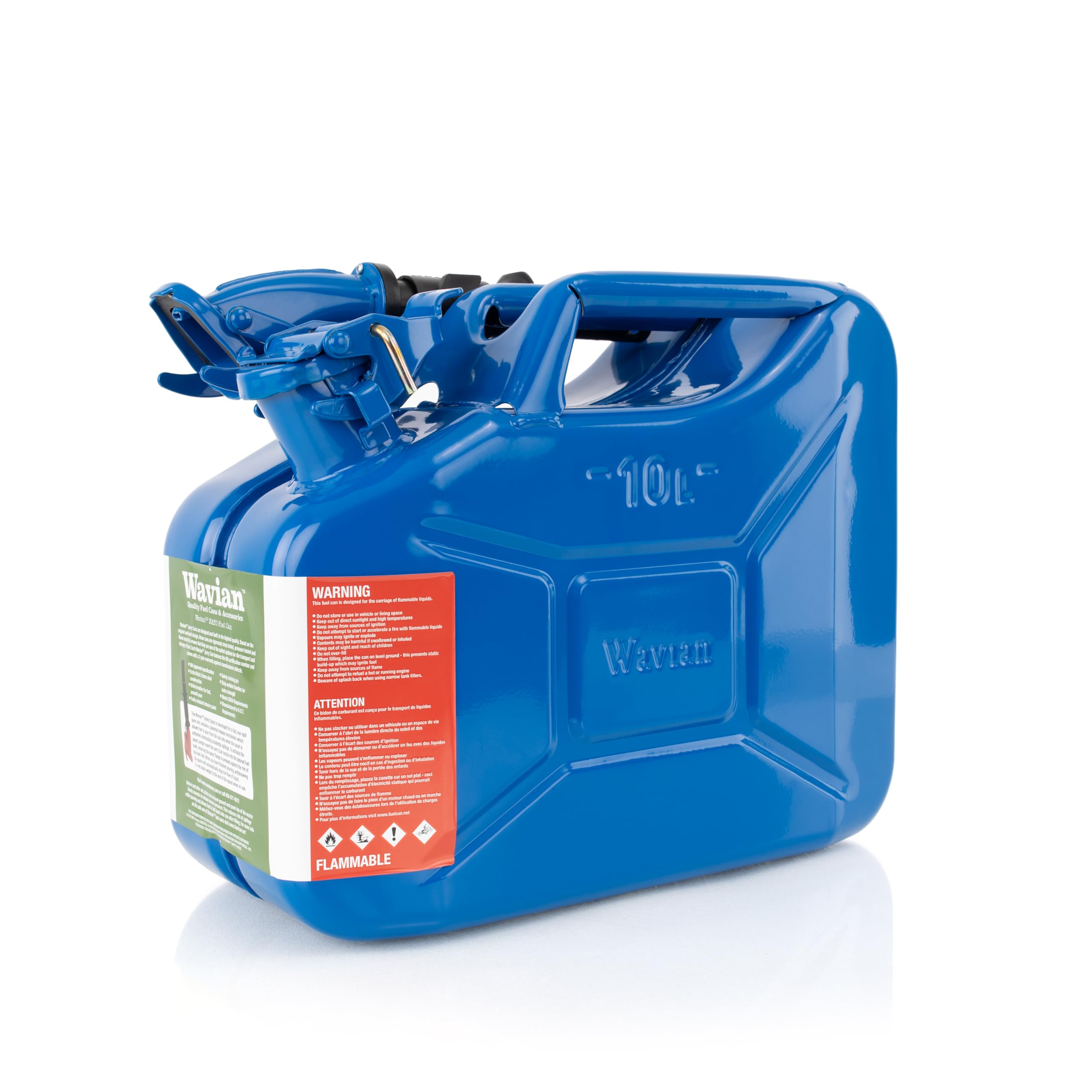 Wavian USA Authentic NATO Jerry Can and Spout System - Rust-Proof, EPA & CARB Compliant, Blue, 10 Litre, Wavian 2.65 Gallon Gas Cans for Gasoline