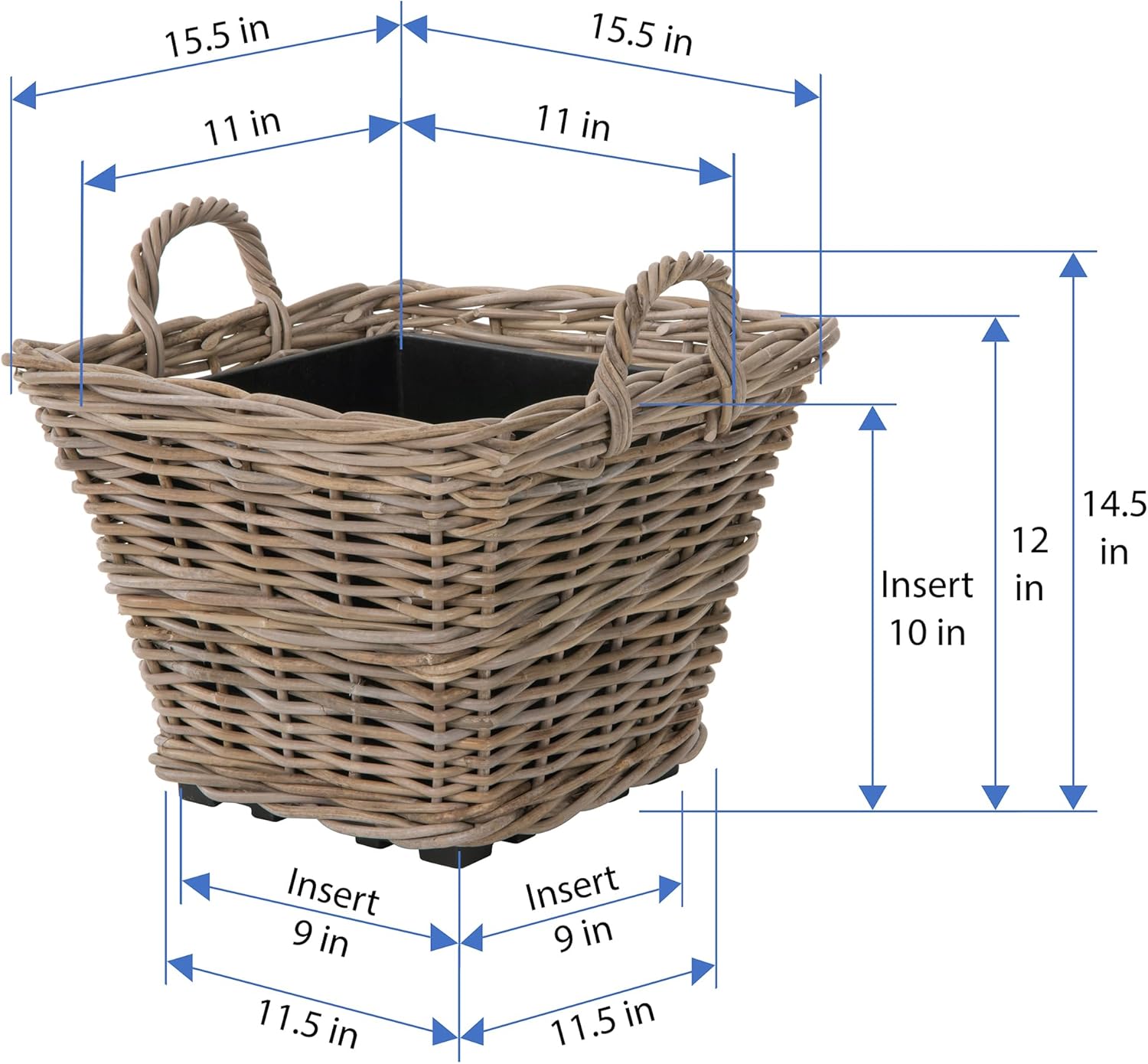 Kouboo Square Rattan Planter Basket with Handles 625 Gallon Capacity Plastic Pot Liner with Drain Holes Included No Saucer Indoor and Outdoor Use
