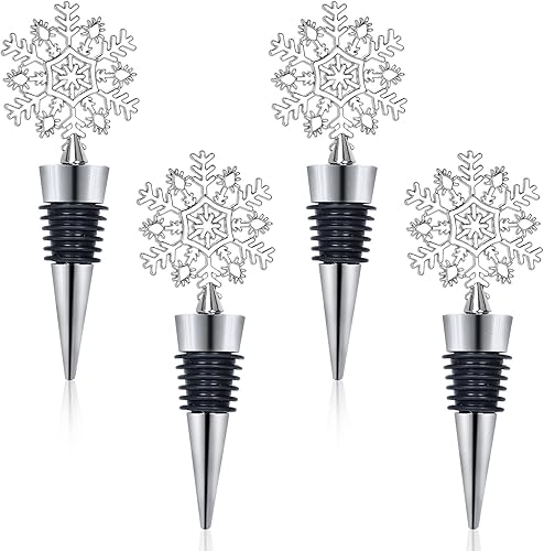 Whaline Tapón de metal para botellas de vino con diseño de copo de nieve de 4 piezas, tapón decorativo de Navidad, suministros para fiestas para