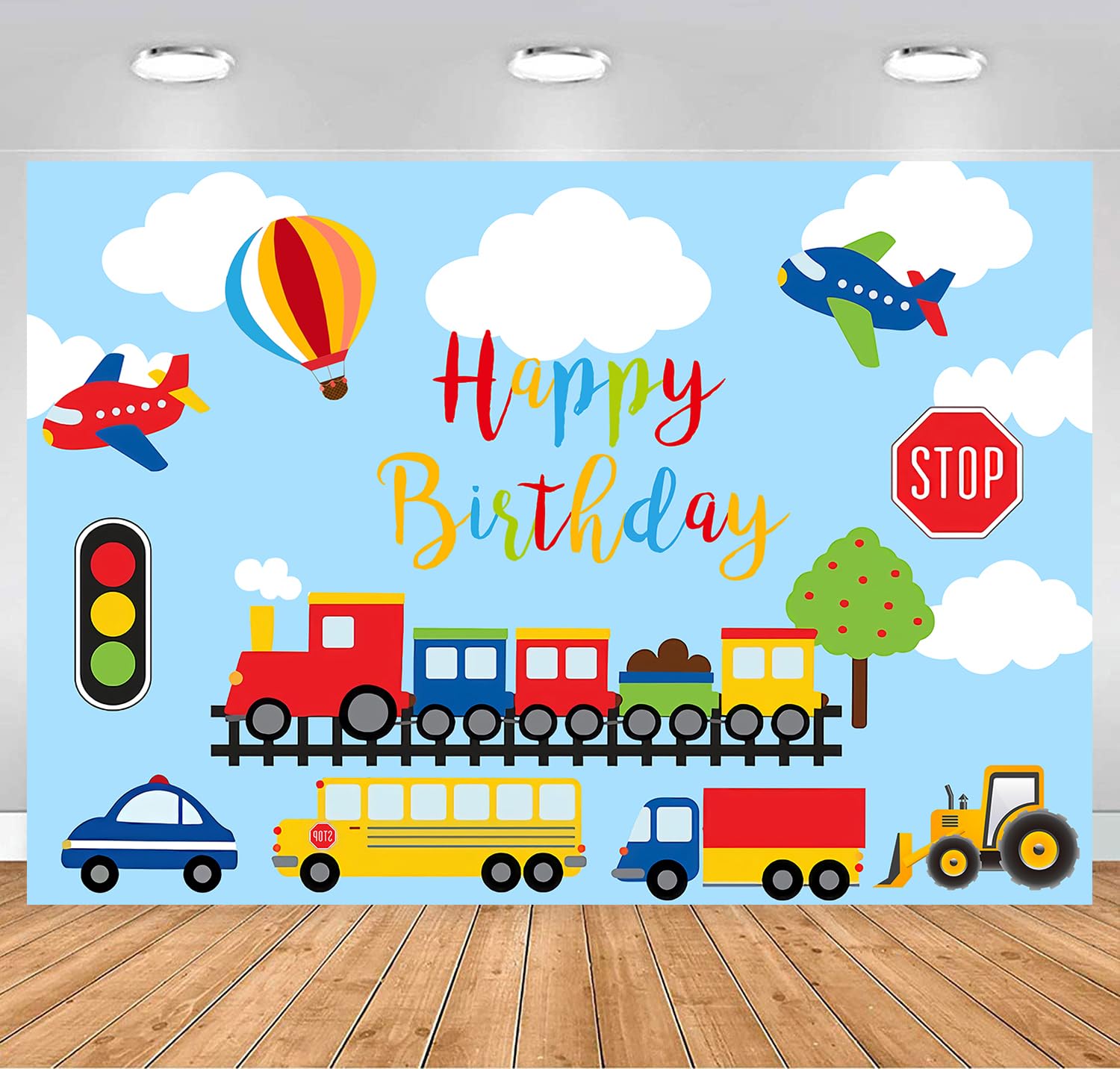 Withu Transportation Boy Happy Birthday Backdrop Cartoon Blue Sky Clouds Trailer Train Car Bus Truck Hot Air Balloon Theme Party Table Decoration