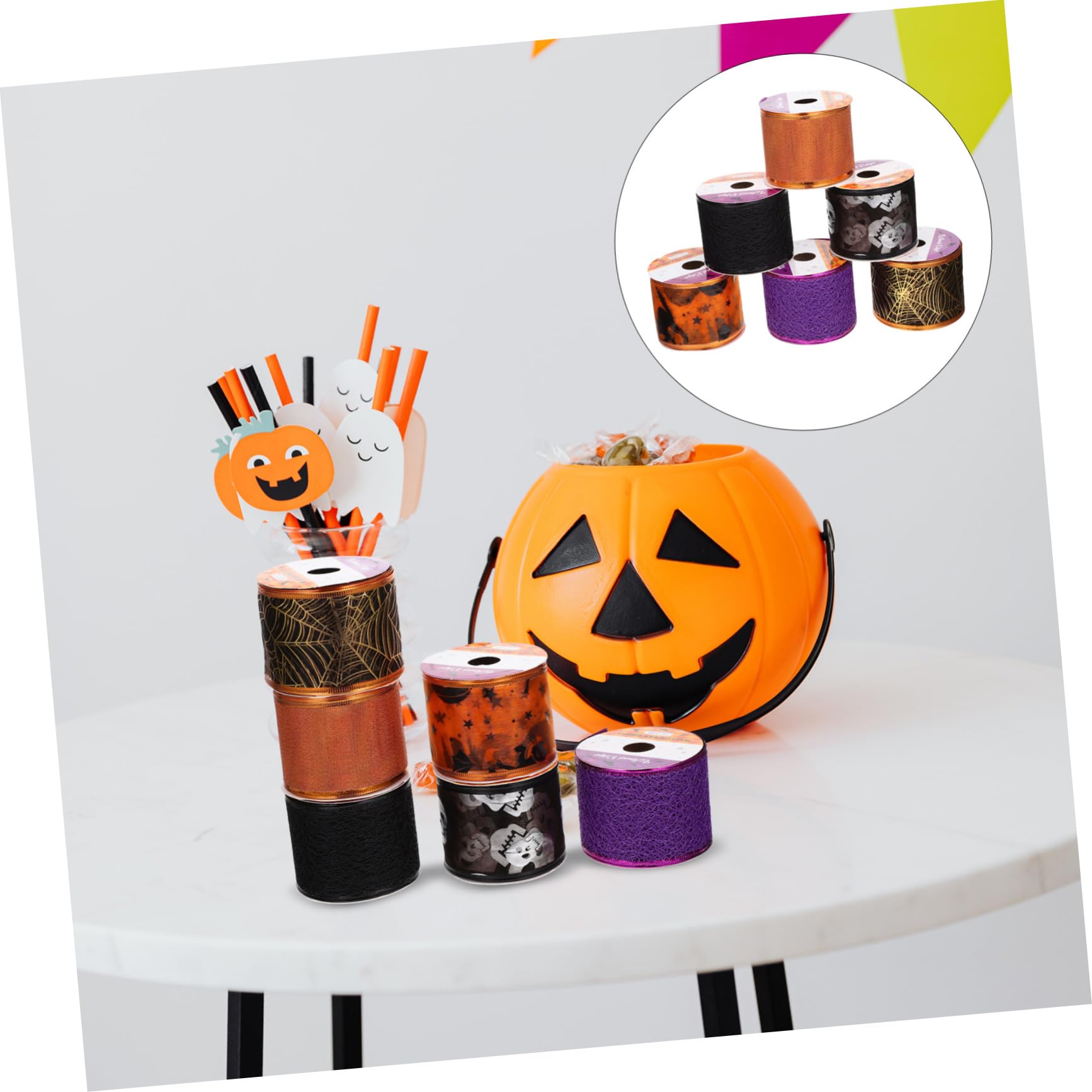 SHINEOFI 4 Juegos Correas De Halloween Cinta Ribete De Malla De Pedrería Calabazas Arpillera Temático Cinta De Malla Navideña Víspera De Todos Platos Poliéster 6 Rollos*4