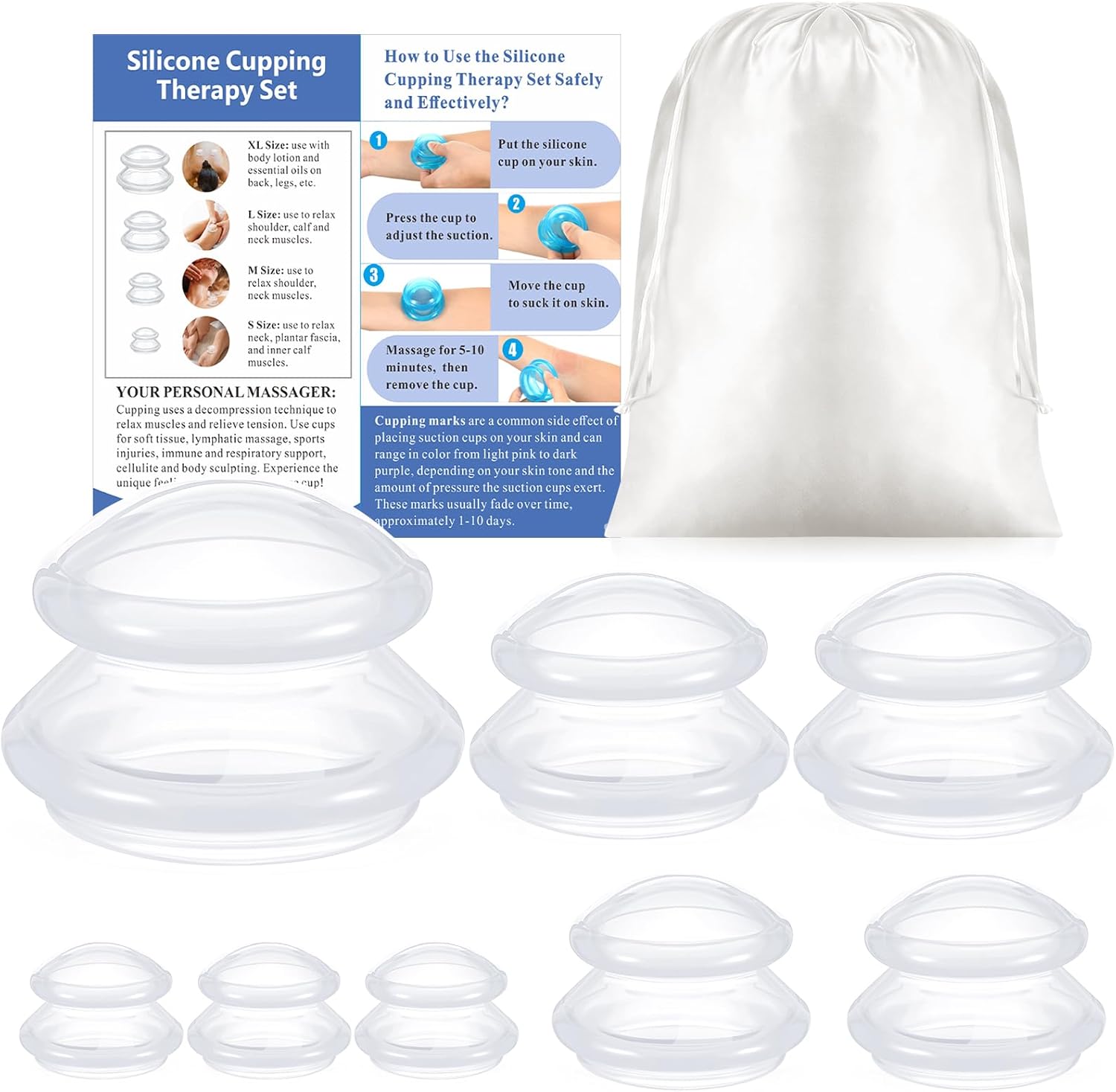 Nuanchu 8 Pcs 4 Sizes Cupping Therapy Set with Satin Bag Silicone Massage Cups Professional Cupping Therapy Vacuum Cup for Cellulite Joint Pain Muscle Pain(Clear)