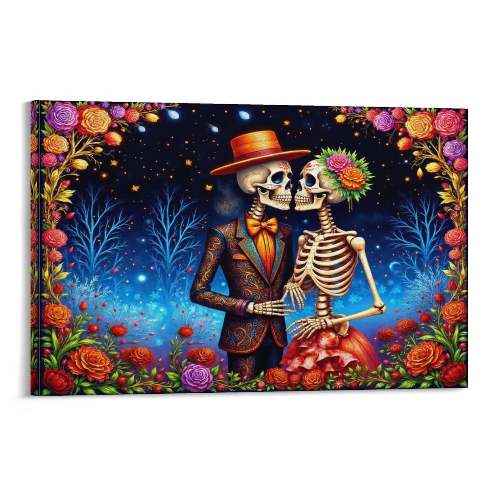 CPLVKWRQJ Skeleton Couple Romance Individual Wedding Skeletons Colorful Flower Wreath Night Wall Art Decor - Kitchen Removable Canvas Wall Art Multi-Purpose Focal Point 12x18inch(30x45cm)