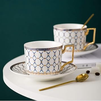 CwlwGO-European style cup and saucer set, 7 oz about 198.4 grams bone china exquisite glazed platinum tea cup and saucer two sets, golden spoon, mug, cappuccino, latte, MOCHA, elegant female suit.