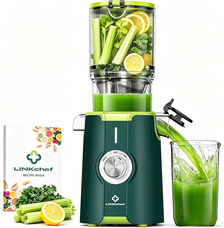 Máquina exprimidora de prensa en frío, exprimidor de masticación lenta de frutas enteras de 4,53 pulgadas con corte automático, motor silencioso de 200 W y alto rendimiento de jugo, extractor compacto fácil de limpiar con guía de recetas, verde