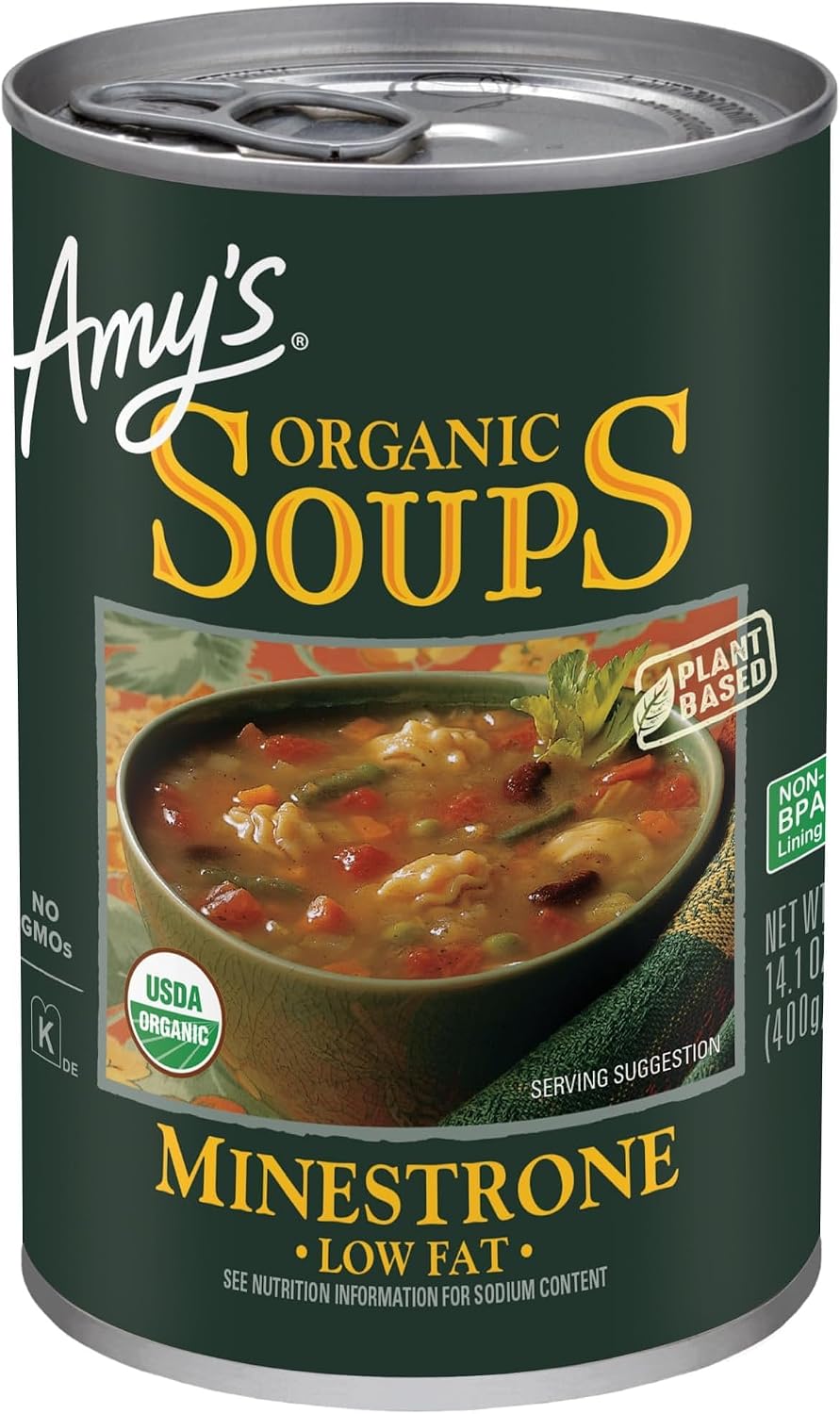 Amy’s Soup, Vegan Minestrone, Low Fat, Made With Organic Vegetables, Beans and Pasta in Tomato Broth, Canned Soup, 14.1 Oz (Pack of 5)