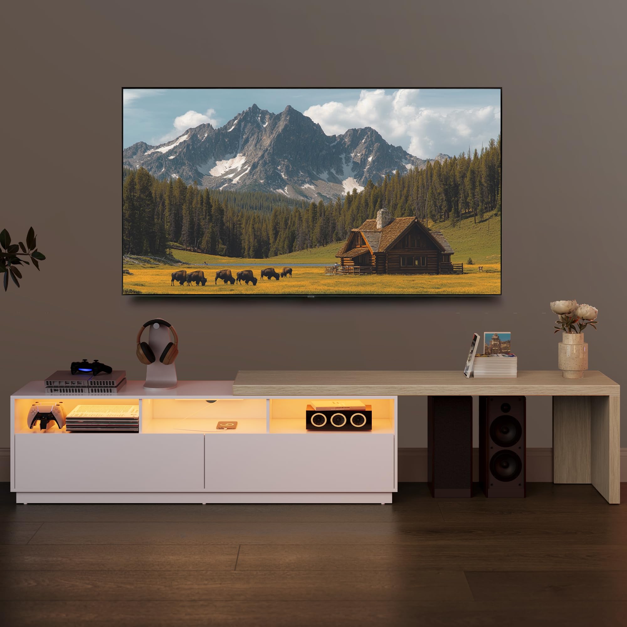 VASAGLE TV Stand with Power Outlet, Adjustable Length 63.8-106 Inches, Modular L-Shaped TV Console Table, LED Light, Fits Large Screen TV, for Living