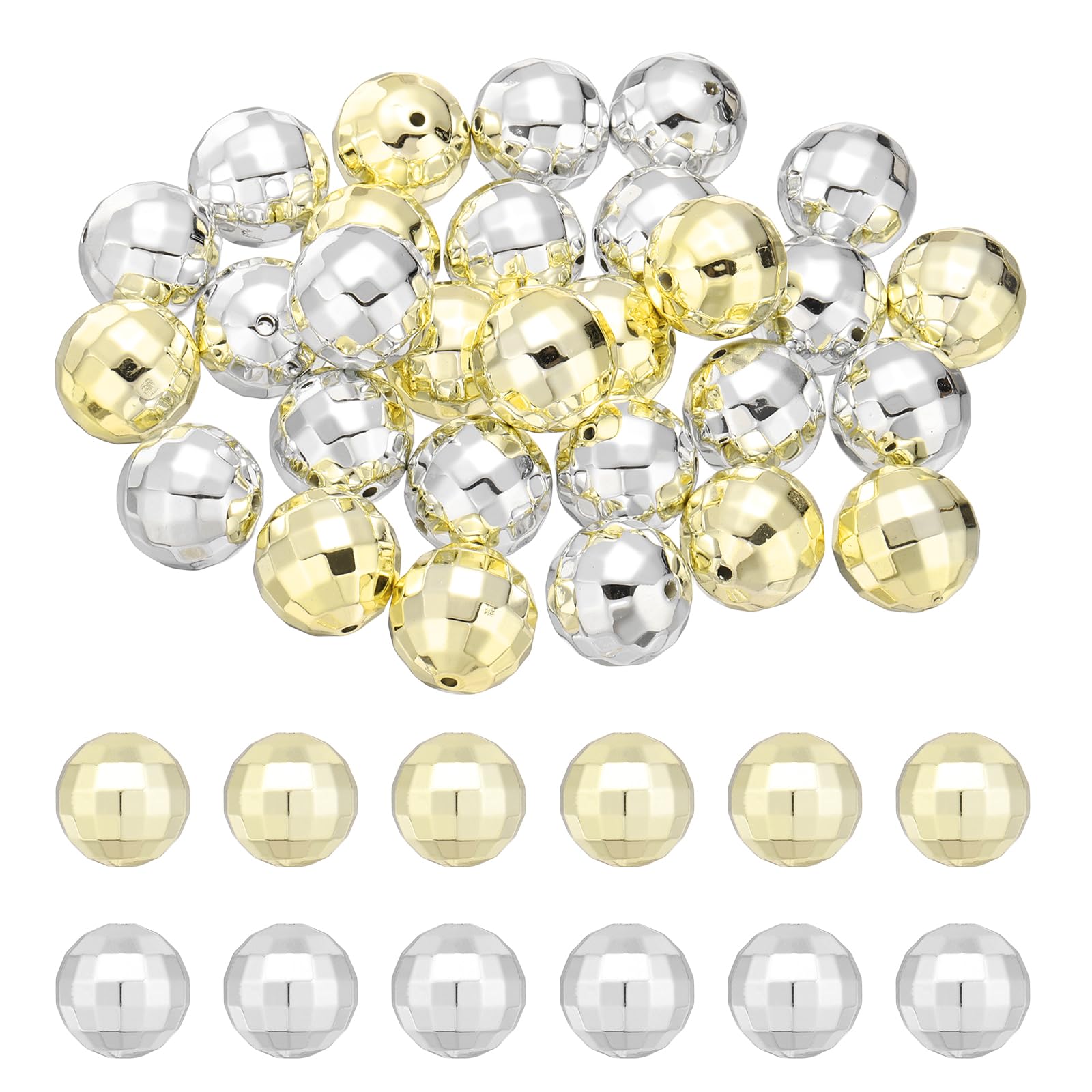 sourcing map 50pcs Mini Disco Beads, 8mm Disco Ball Bright Reflective Mirror Ball Charm for Jewelry Making Bracelet Necklace Earrings Pendants Keychain, Silver,Gold