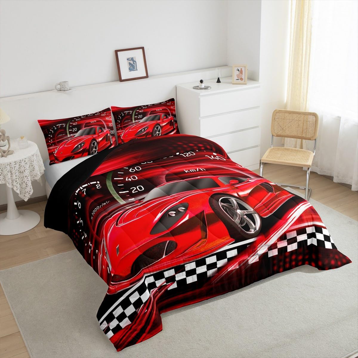 Feelyou Red Black Race Car Comforter Queen, Ombre Racing Car Comforter Set Boys GirlsRed Ombre Srtiped Bedding Set Kids Toddler Speed Sports Car Duvet Set Bed Set 3Pcs Reversible